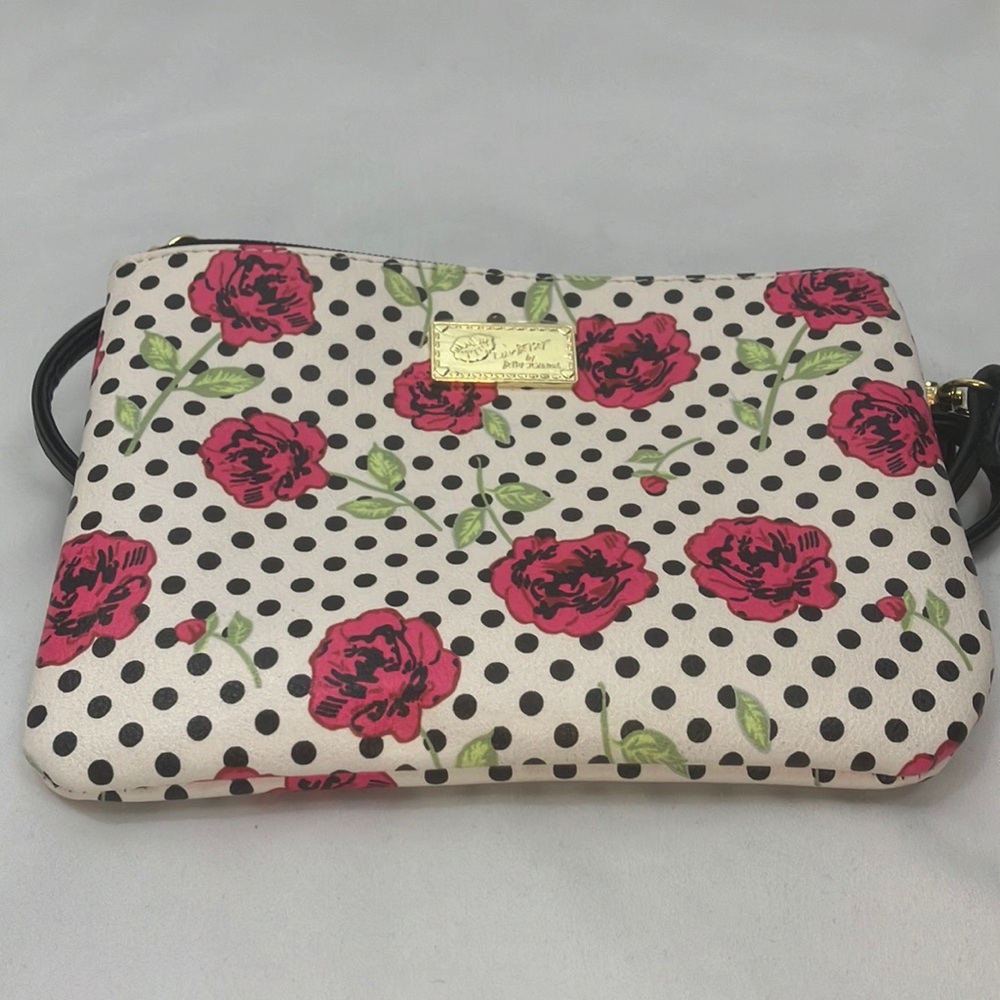 Betsey Johnson Luv Betsey Rose and polka dots mini wristlet/clutch/crossbody bag